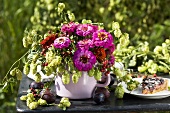 Dwarf zinnias and hops in a jug