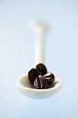 Roasted Arabica coffee beans on porcelain spoon