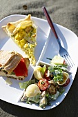 Quiche, sandwich and pasta salad on a picnic plate