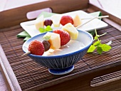 Fruit kebabs with vanilla quark for dipping