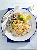 Redfish fillet with gratin topping in mustard sauce, wild rice