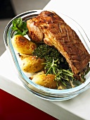 Rack of lamb on herbs with roasted potatoes