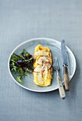 Cheese omelette filled with chanterelles