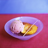 Poached peach with plum ice cream