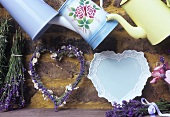 Lavender wreath & bunches of lavender, old jugs, crockery