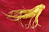 A ginseng root on a red background