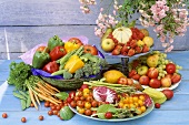 Still life with fresh fruit and vegetables in bowls