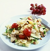 Pasta salad with chicken breast, tomatoes, cashew & pine nuts