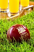 A cricket ball in grass, tray of orange juice behind