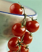 Vine tomatoes hanging over the rim of a bowl