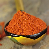 Hungarian ground paprika on wooden spoon