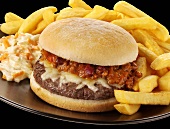 Chilli burger with chips and coleslaw