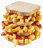 Triple-decker chip butty with ketchup