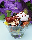 Fruit salad with pomegranate seeds & cream on garden table