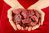 Hands holding fresh stewing meat