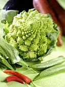 Romanesco broccoli among assorted vegetables