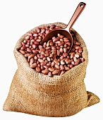 Peanuts in jute sack with scoop