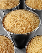 Long-grain rice in buckets