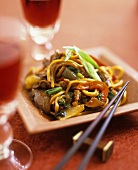 Stir-fried noodles, beef and vegetables