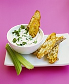Celery with coriander dip and toasted bread