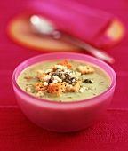 Cream of vegetable soup with Roquefort and croutons
