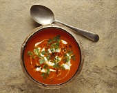 Red pepper soup with creme fraiche and chervil