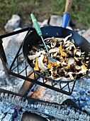Mixed mushrooms in a frying pan on barbecue rack
