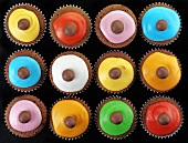 Twelve chocolate cupcakes with coloured icing
