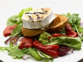 Salad leaves with red peppers and goat's cheese