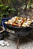 Chicken, vegetable and sausage kebabs on the barbeque