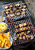 Prawn and chicken kebabs on the barbeque