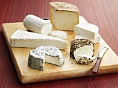 Various cheeses on a wooden board