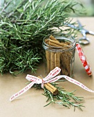 Christmas decoration made from cinnamon sticks and rosemary