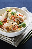 Rice noodles with prawns, garlic, chilli and coriander