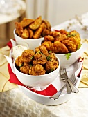 Deep-fried mushrooms and potato wedges for Christmas