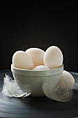 Several duck eggs in ceramic basin, feathers beside it