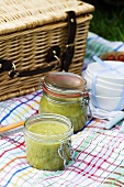 Cream of courgette soup in jars for a picnic