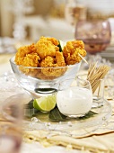 Christmas battered king prawns with a chive dip