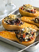 Roasted butternet squash glazed with honey and filled with wild rice