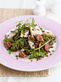 Lentil salad with chicken, rocket and cherry tomatoes