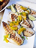 Grilled mackerel fillets with oranges and spring onions