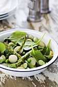 Green salad with asparagus, potatoes, spinach, peas and broad beans