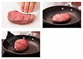 A thin beef fillet steak being fried in a pan