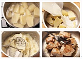 Mashed potatoes being prepared and chicken breast being fried