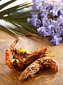 King prawns with a peach and chilli salsa
