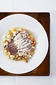 Cured goose breast with root vegetables and horseradish sauce
