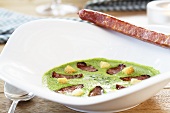 Creamy soup with lamb's lettuce, peppered sausage and croutons