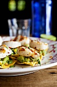 Grilled scallops with avocado-corn relish and nachos