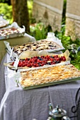 A cake buffet with tray bakes in a garden (detail)