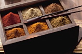 Various spices in a wooden box (Arabia)